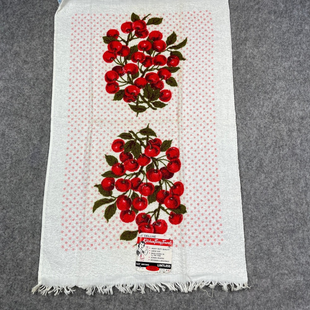 Vintage Town House Kitchen Terry Towel Red Cherries Polka Dot Fringed MCM USA